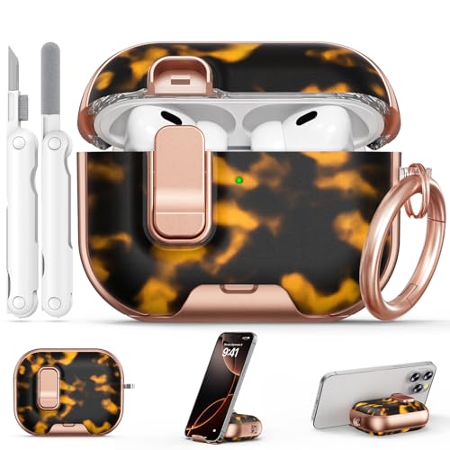 Image of for AirPods Pro 2 /1 Case (2023-2019), with Safty Lock & Phone Stand for AirPods Pro 2 /Pro1 Generation Case Cover for Women Girly with Keychain & Cleaner Kit - Brown+Black Tortoise