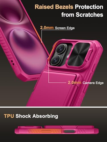 Image of Vihibii PC,Silicone For iPhone 16 Case Wallet With Card Holder(4 Cards)[RFID Blocking] & Slide Camera Cover & Raised Edges Protect Screen,Shockproof Rugged Phone Case For iPhone 16 6.1 inch 2024,Pink
