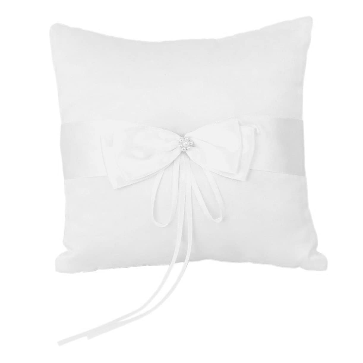 PRETYZOOM Satin Wedding Ring Pillow with Double Bowknot Flower Faux Pearl for Ceremony Elegant Bridal Accessory for Page Boys to Hold