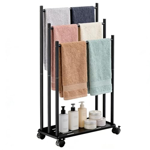 Toallero de Pie de 3 Niveles, Toallero Escalera con Estante y Ruedas, Ahorra Espacio, Material Metálico, Toallero de Piscina para Exteriores, para Baños, Salón, Negro