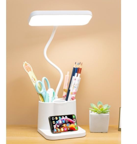 Image of Kimee Rechargeable LED Desk Lamp with Pen Holder & Phone Stand - Touch Control Study Lamp for Students, 3 Color Modes, Flexible Gooseneck, Eye-Care Table Lamp for Kids, Office & Home Work (White)