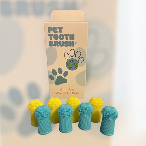 Image of Dog Toothbrush PAW, 360 Tooth Brushing Kit, Cat Toothbrush, Dog Teeth Cleaning, Finger Tooth brush, Dental Care, Small & Large Pets, Toothpaste Not Included (Blue Yellow, 8 Count (pack of 8))
