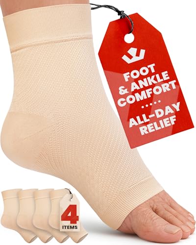 Image of KEMFORD Ankle Compression Sleeve - 2-Pairs, Plantar Fasciitis Braces - Open Toe Compression Socks for Swelling, Sprain, Neuropathy, Foot Arch Support for Men and Women - 20-30mmhg, M, Beige