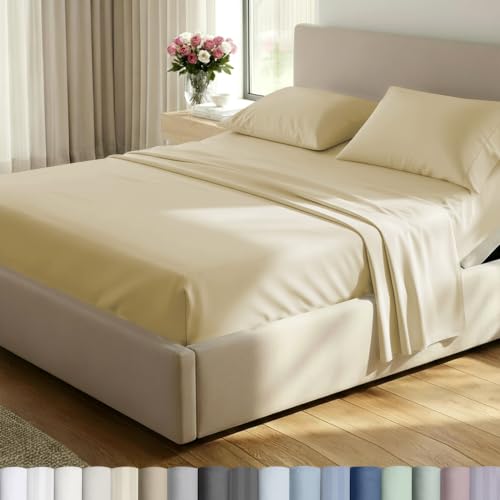 Image of California Design Den 500TC 100% Cotton Split King Sheet Set, Butter Almond | Good Housekeeping Seal, OEKO-TEX Certified, Silky-Soft Sateen Weave, 5pc Set, 15 inch Deep Pockets, For Hot Sleepers, All-Season