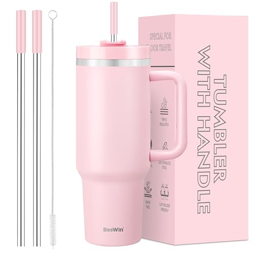 40 oz Tumbler with Handle and Straw, Vacuum Insulated Stainless Steel Double Wall Water Bottle Travel Coffee Mug - Holiday Gifts for Women Men - Baby Pink