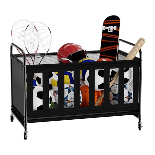 Ball Storage Bin Large with Wheels, Outdoor Ball Storage for Garage, Sports Equipment Organizer Storing Volleyball, Basketball, Toys, Soccer and Baseball