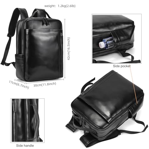 LUUFAN Genuine Leather Shoulder Bag for Men, Casual Backpack Laptop Rucksack Business Daypack Travel Outdoor Bag, Black — view 5