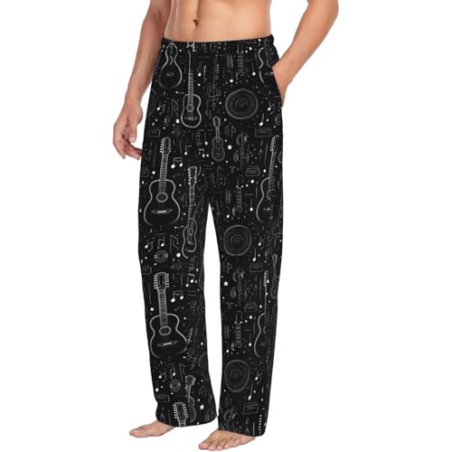 Mens Pajama Pants - Cool Black Guitar Print Soft Sleep Lounge Pants For Men, Casual Pj Bottoms With Pockets