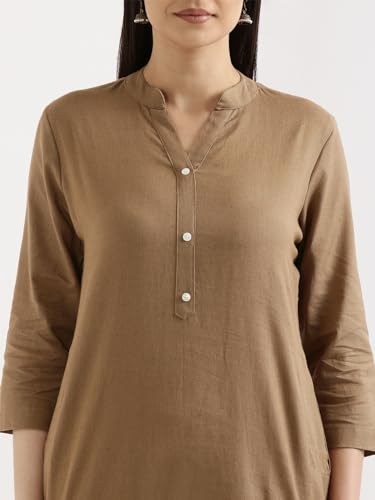 Image of SAADAA Women's Linen Straight Fit Straight Long Kurta Airy Plain Kurta, 3 /4 Sleeve, Knee Length Kurtis with Pockets, Casual and Office Wear