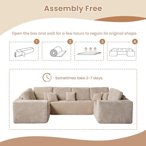 Image of HOOOWOOO Cloud Sectional Couches for Living Room,Modular Sectional Sofa No Assembly,136X70 Inch Plush Corduroy Large U Shaped Floor Couch Set with Deep Seat(Beige)