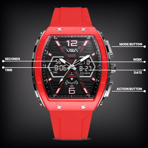 Image of V2A Impact 50mm Analog Digital Watch for Men | X-Frame Hybrid Dial Design | Alarm Stopwatch Day Date 12 /24 Hr | TPU Sport Strap | 50M Water Resistant | Gift for Mens
