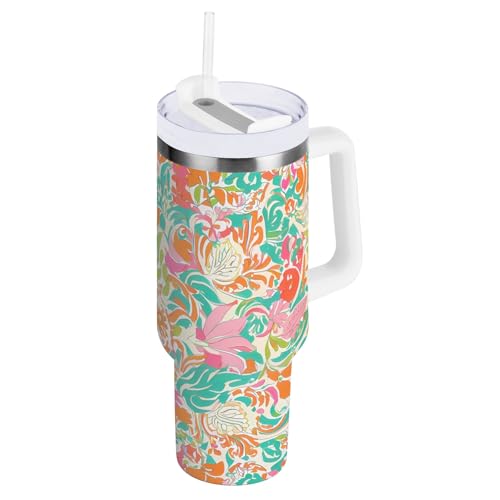 Cold Cup Tropical Floral Medley - Vaso aislado XL con tapa de asa, popote de 30 a 40 onzas, botella de agua reutilizable apta para portavasos