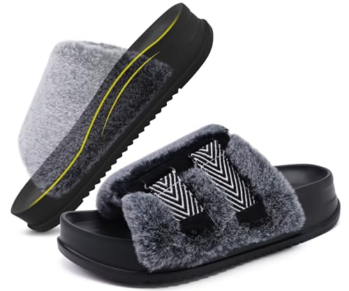 KuaiLu Womens Orthotic Sandals Comfortable Arch Support Faux Fur Sandal Slippers Casual Summer Adjustable Cushion Slides Slip On Indoor Outdoor House Shoes - Ultra-soft Comfort Fit Footbed