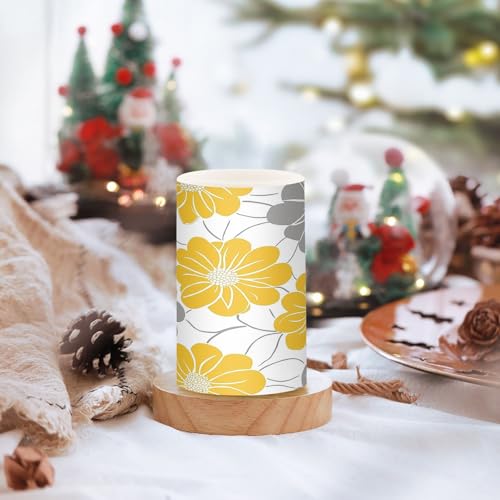 Image of Yellow Gray Flowers Flickering Flameless Candles LED Battery Operated with Remote Timer Pillar Candles for Home Birthday Wedding Christmas Decor, Set of 2