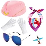 Gvhntk 6 Pcs Flight Attendant Costume Accessories Women Airline Stewardess Outfits Flight Attendant Hat Pin Sunglasses Scarf Gloves (Pink)