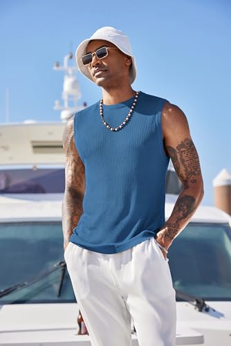 COOFANDY Knitted Tank Tops for Men Sleeveless Muscle T Shirts Beach Summer Shirts Blue — view 6