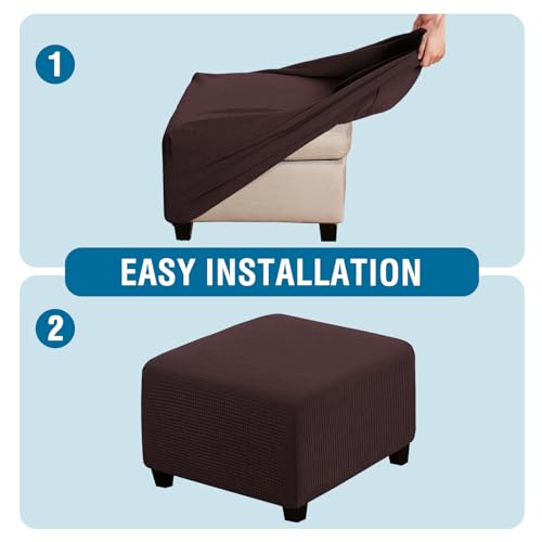 Image of H.VERSAILTEX Square Ottoman Covers Ottoman Slipcovers Folding Storage Stool Furniture Protector Form Fit with Elastic Bottom, Stretch High Spandex Small Checks Jacquard Fabric(Large,Chocolate)