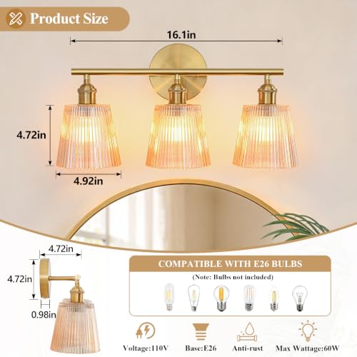 Image of Bathroom Light Fixtures, 3-Light Gold Bathroom Vanity Lights Over Mirror