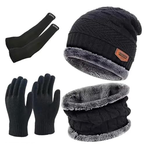 Bmdoe Wool Beanie Cap & Muffler with gloves for Mens & Women – Winter Cap for Men – Men’s Woolen Cap with Neck Muffler – Soft Woolen Muffler & Cap for Men & Women Black plus 1 pair arm sleeve