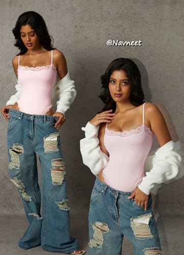 Image of Navneet Women Sexy Lace Bodysuit Lace Trim High Cut Thong Spaghetti Strap Cami Bodysuit Going Out Tank Tops Body Suit