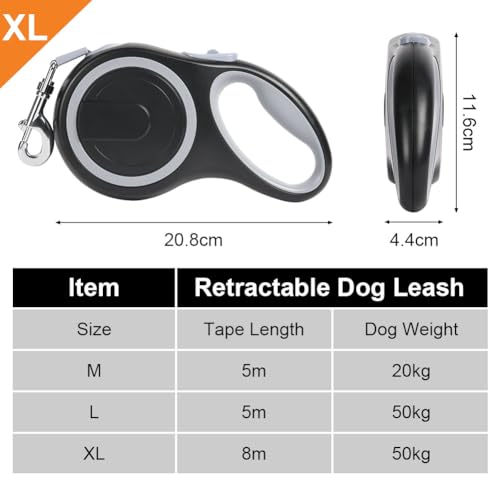 Aomig Rollleine für Hunde Hundeleine für Kleine Große Hunde 360° Verhedderungsfreier Ausziehbar mit Anti-Rutsch-Griff Schnellbremskno Einziehbar Dog Leash für Training Spaziergänge (Schwarz-8m-50kg)