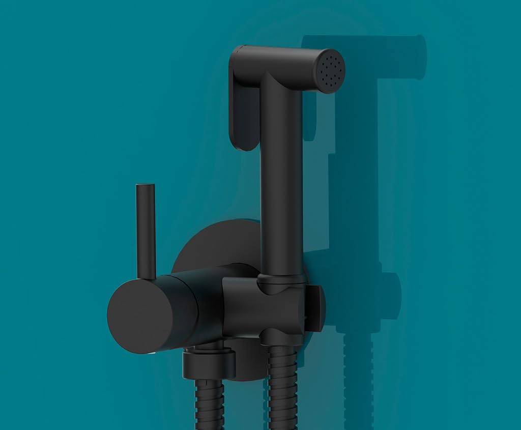 Bidet Cold and Hot Water Mixer Kit - Recessed Mixer Tap with Push Shower and Reinforced Flexo 1.2 m (Black) - Image 2