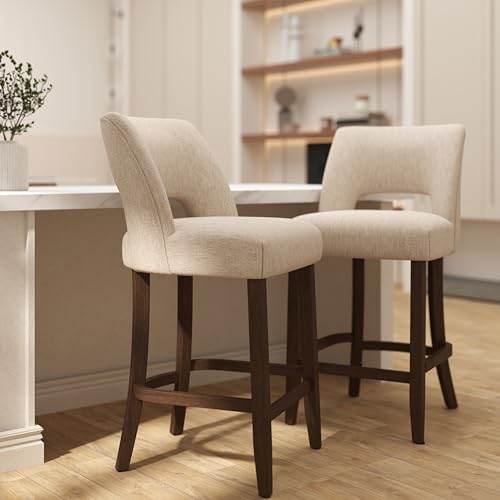 Image of VKNOW Bar Stools Set of 6,Upholstered Counter Height Bar Stools,Modern Counter Stools with Wood Legs for Kitchen Island Dining Room Bar,White