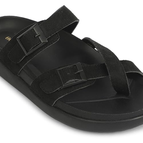 Image of Liberty Healers VAL-37E Slippers for Men - Black & Brown Faux Suede Slip-On Casual Slippers | Soft Cushioned Footbed, Lightweight Everyday Footwear for Home, Daily, Indoor & Casual Wear
