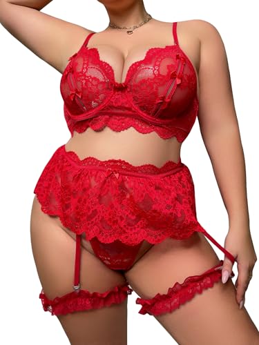 SOLY HUX Women's Plus Size Floral Lace Scallop Underwire Garter Push Up Bra and Panty Lingerie Set Solid Red XX-Large Plus