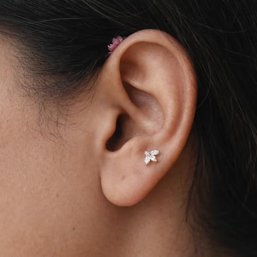 Image of 925 Silver Leafy Stud Earrings, 18K 1 Micron Gold Vermeil, White Cubic Zirconia, Screw Back