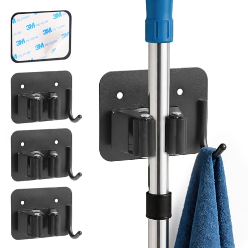 Grolibyre 4 Pièces Support Balais Mural Porte-Balais Muraux en Acier Inoxydable Accroche Balai Mural Porte Balai Acier Inoxydable Mop Support Avec Crochets pour Jardin, Cave et Maison