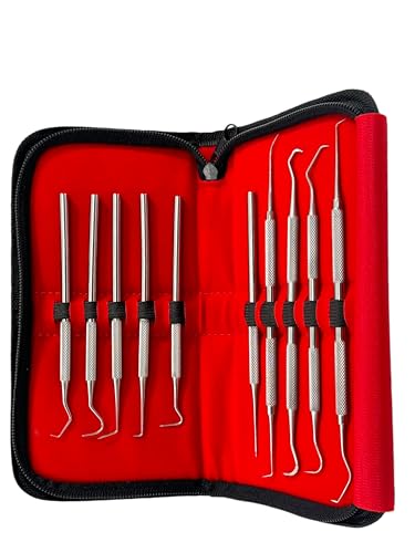 Precision Probe Set of 10 Pieces Dental Hygienist Oral Care Picks Single and Double-Ended with Varying Tip Sizes - Includes Carrying Case - German Stainless Steel Dental Instruments