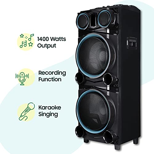 Image of Croma Explode 1400W Party Speaker, Party Lights, Horn Tweeters, Bass Booster Function, Inputs: Bluetooth, FM, USB-A, SD Card, Wired Microphone, Guitar Input, Aux-in, Recording Function, Echo Function, 5 EQ Modes, Wheels for Portability (CREY3027, Black)