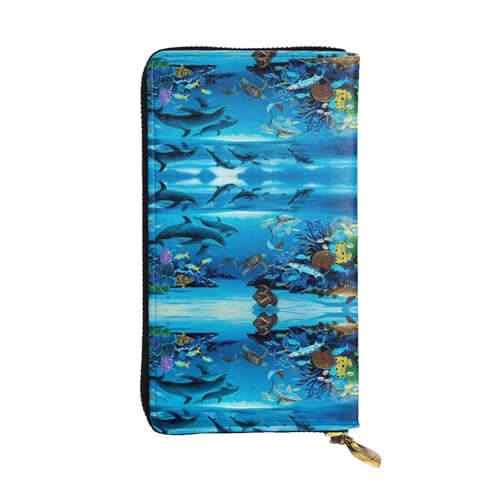 Portefeuille en cuir véritable bleu marine gravé vie marine élégant