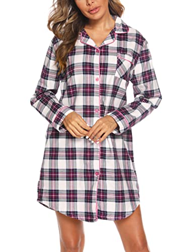 ENJOYNIGHT Women's Sleep Shirt Flannel Print Pajama Top Button-Front Nightshirt Sleepwear4