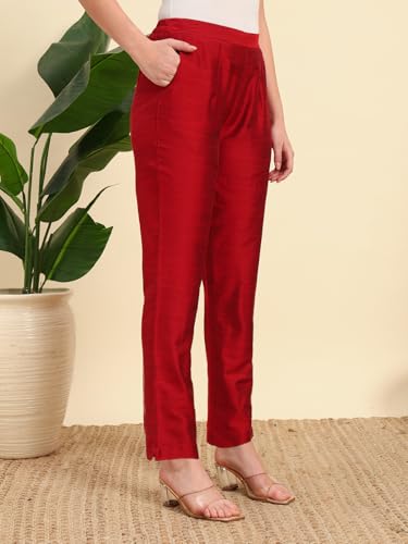 Image of Vogaan Women's Cotton Silk Pant | Half-Elasticated Waist Slim Fit Trouser for Women | Casual Pocket Pants for Office Formal Daily Use