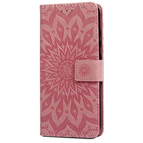 Samsung Galaxy A20e Case, Shockproof PU Leather Flip Cover Notebook Wallet Case Embossed Sunflower with Magnetic Closure Stand Card Holder ID Slot Folio Soft TPU Bumper Protective Skin Pink