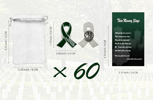 Image of 60 Set Funeral Ribbon Pins Memorial Pin Forever in Our Hearts Lapel Pin Remembrance Brooch with Prayer Cards & Organza Bags