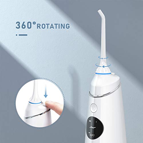 Liberex Cordless Water Flosser - 4 Modes Portable Oral Irrigator with OLED Display Screen, 5 Jet Nozzles, IPX7 Waterproof 300ml Reservoir, Teeth Cleaner for Teeth Braces, USB Rechargeable (White)