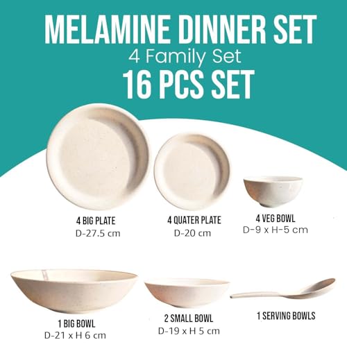 Image of Go Hooked 16-Piece Melamine Dinner Set | Speckled White Crockery with 4 Full Plates, 4 Quarter Plates, 4 Soup Bowls, 1 Large & 2 Small Serving Bowls + Serving Spoon | Break-Resistant & Keeps Food Warm