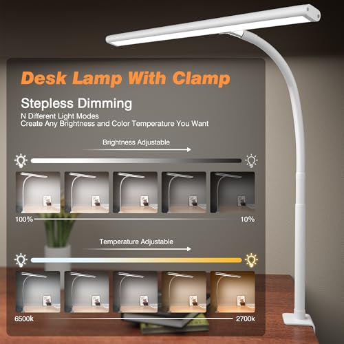 Image of Airlonv LED Desk Lamp for Office Home, Eye-Caring Desk Light with Stepless Dimming Adjustable Flexible Gooseneck, 10W USB Adapter Desk Lamp with Clamp for Reading, Study, Workbench