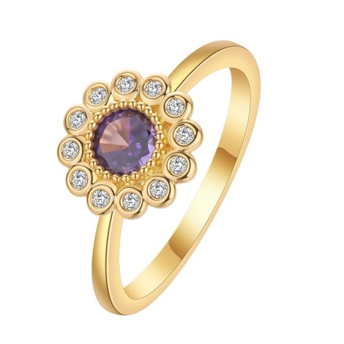 Bague fleurs zircon violet plaqué or bijou tendance femme en cuivre et cristaux