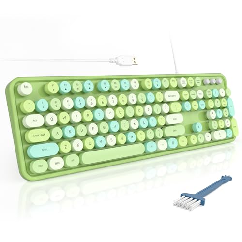 Image of MOFII Wired Keyboard - Full Size USB Plug & Play, Retro Round Typewriter Keyboard with Foldable Stands for Windows PC Laptop (Green Colorful)