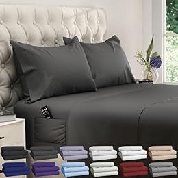 DREAMCARE California King Sheet Sets - 4 pcs Breathable Cooling Sheets - up to 21" Extra Deep Cal King Sheets with Side Pockets - Extra Soft 100% Brushed Hypoallergenic Hotel Luxury Bedding – Gray