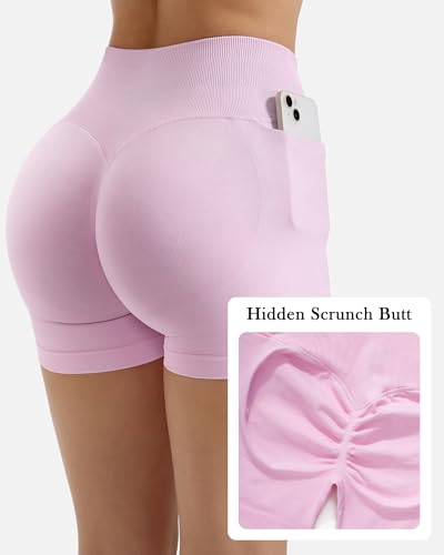 SUUKSESS Women XL Pink Hidden Scrunch Butt Lifting Workout Biker Shorts with Pockets 4 Seamless High Waisted Gym Shorts