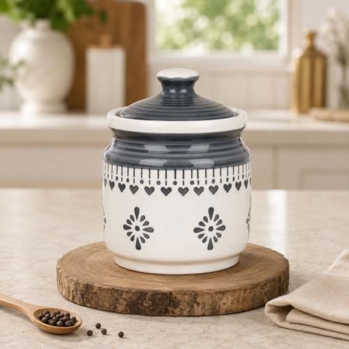 Image of The Earth Store Grey Drape Pickle Jar Set of 1 - 600ML Ceramic Jar for Kitchen Storage | Microwave & Dishwasher Safe Achar Container | Pickle, Salt & Spice Storage Jar | Barni Jar