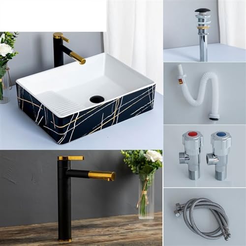 Lavabo artístico rectangular de cerámica vitrificada sobre encimera con desagüe completo 8