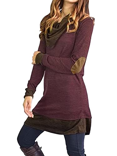 Image of Famulily Women's Cowl Neck Tops Two Tone Color Block Pullovers Elbow Patchs Loose Long Tunic Blouse