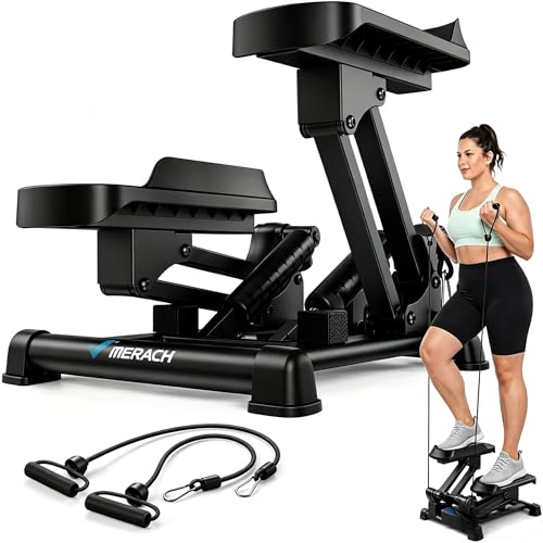 MERACH New 3-in-1 Mini Steppers for Exercise at Home, Stair Stepper with Large Stride & Shock Pad Design，with Resistance Bands for Full Body Workout, 330 LBS Capacity Exercise Equipment, Black
