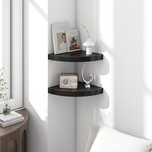 Image of Fun Memories Floating Corner Shelves Set of 2 - Rustic Wood Wall Mounted Storage and Display Shelves for Living Room, Bedroom, Kitchen, Bathroom - Space Saving Home Decor, Black